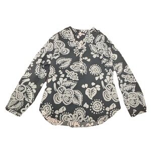 Amanda Blu Women's Teal Blue Blouse Floral Leaf Size Large 3/4 Sleeve V Neck